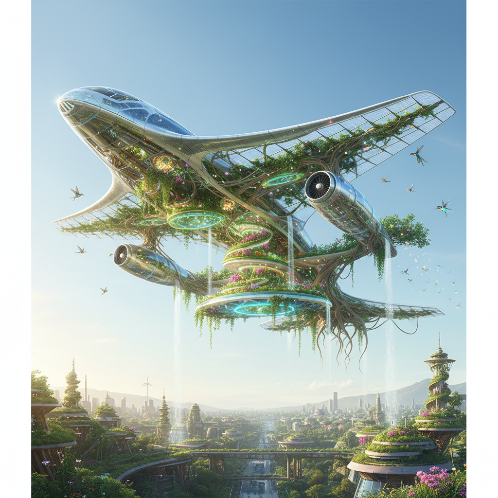 Futuristic eco-friendly airplane design, bright clean sky, solarpunk aesthetic, nature integrated with technology, high quality