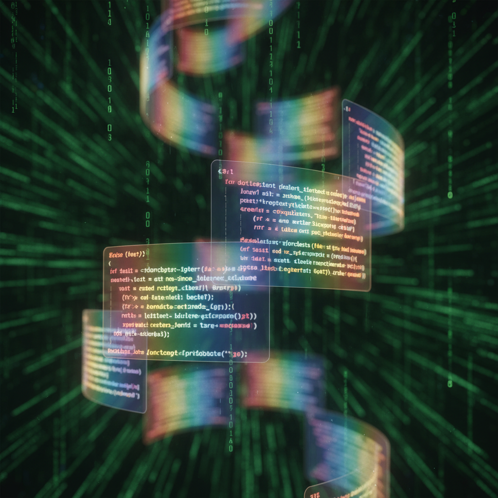 Floating syntax-highlighted code blocks in 3D space, rainbow colors, depth of field, matrix style