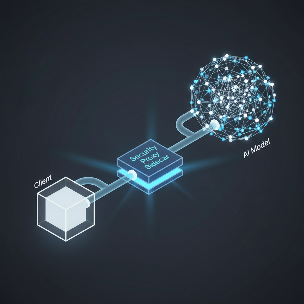 Isometric 3D diagram of a software architecture: Client connects to a glowing blue Security Proxy Sidecar, which then connects to a backend AI Model. Clean lines on dark background.