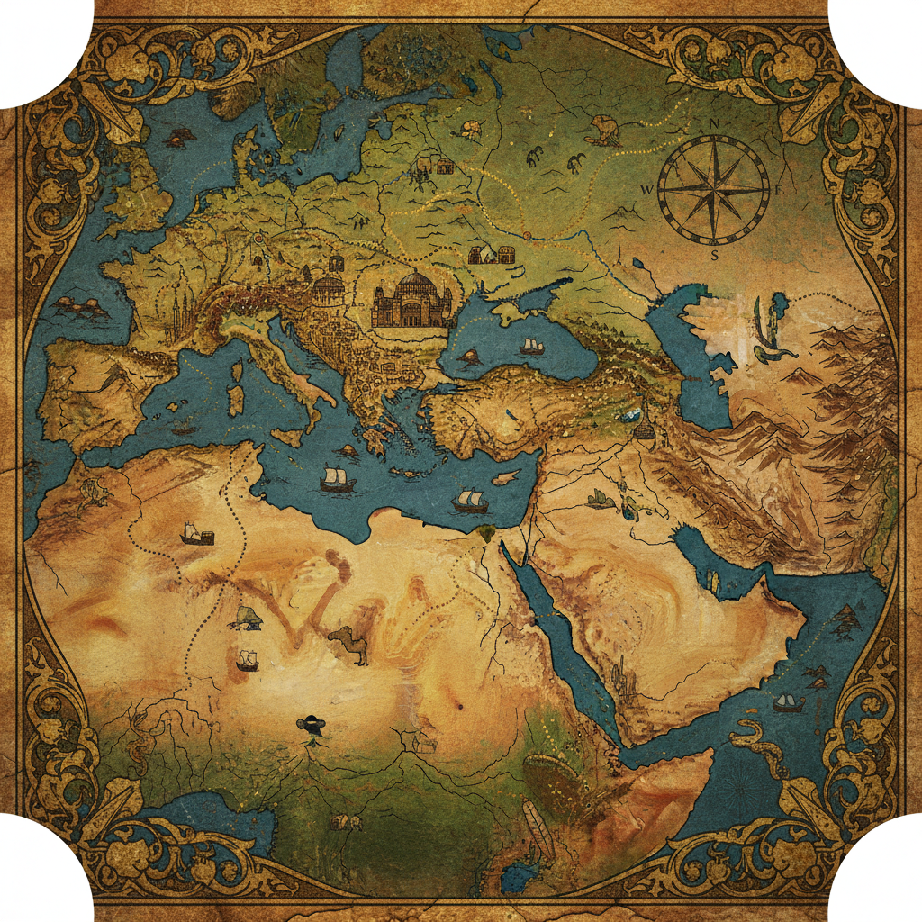 Ancient map of Constantinople and the Byzantine empire stylized on parchment, showing trade routes, golden texture, historical artifact style