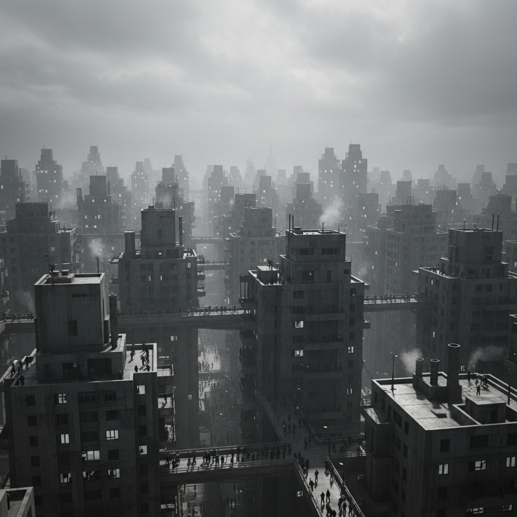 Wide cinematic shot of a crowded, grey, concrete city skyline, depicting urban fatigue and stress. High contrast, atmospheric, 8k resolution, suitable for a text overlay background.