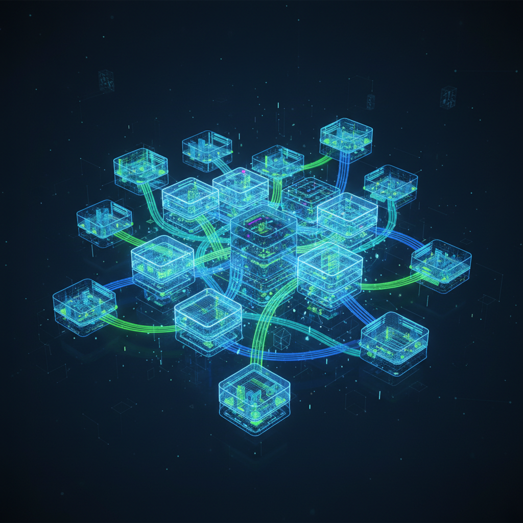 3D visualization of database tables connected by glowing lines, floating in a digital void, blueprint style, intricate geometry, blue and neon green