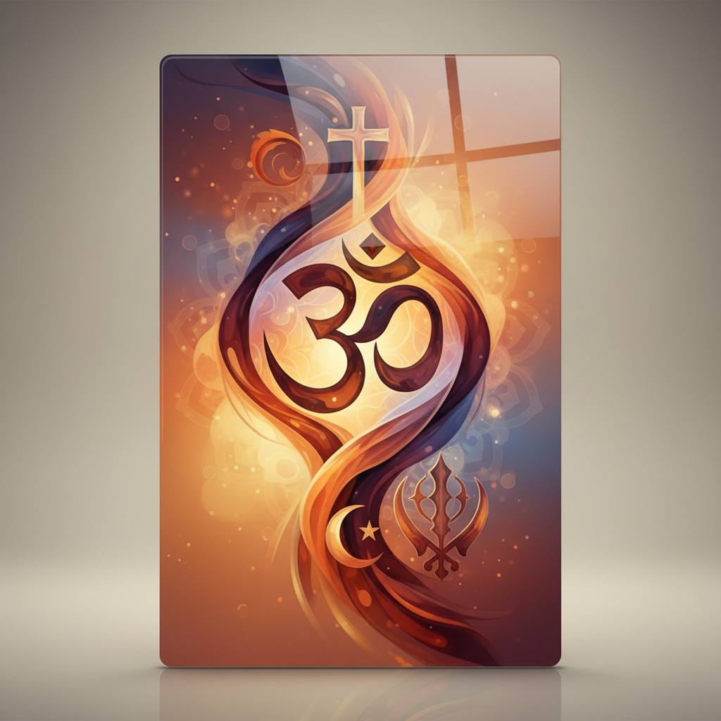 Abstract representation of unity in diversity, symbols of different religions (Hinduism, Islam, Christianity, Sikhism) interconnected artistically, warm colors, peaceful atmosphere