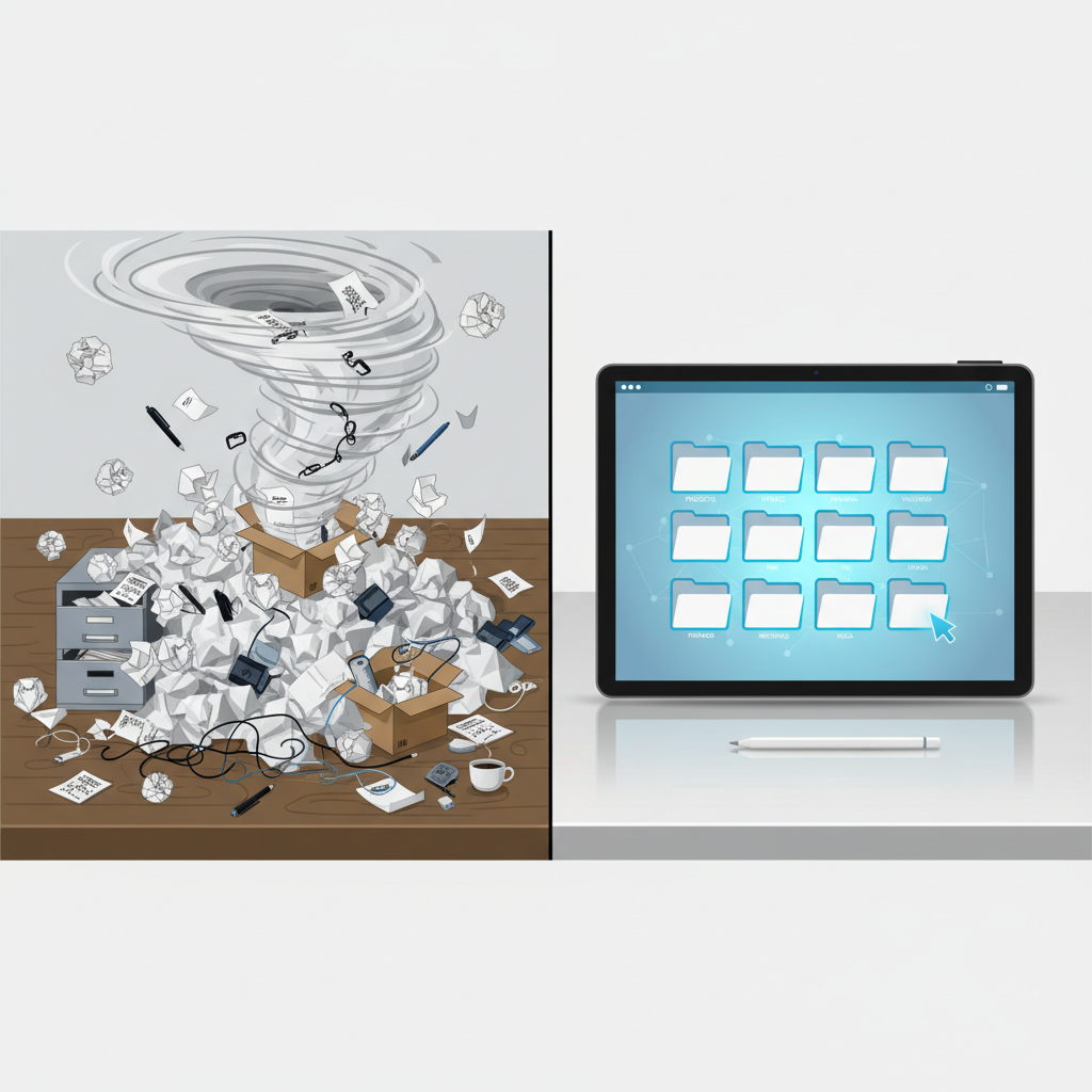 illustration comparing chaos messy papers vs clean organized digital tablet interface, simple vector style