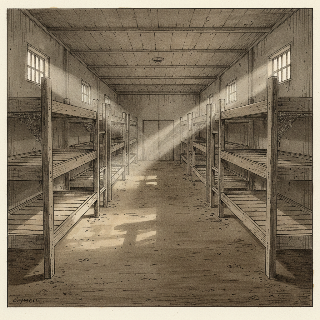 Interior of a wooden barrack with three-tiered wooden bunks, empty, dusty light beams, somber historical illustration
