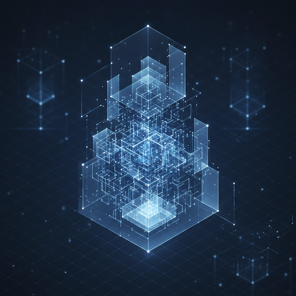 futuristic holographic abstract data interface connecting points of light, clean blue and white corporate aesthetic, isometric view, high tech visualization