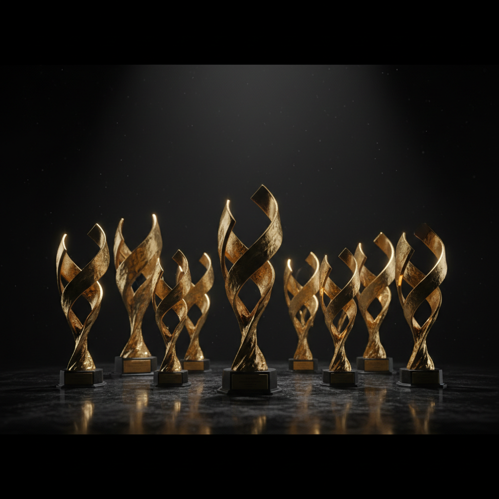 Abstract gold championship trophies on a dark background, cinematic lighting, moody atmosphere