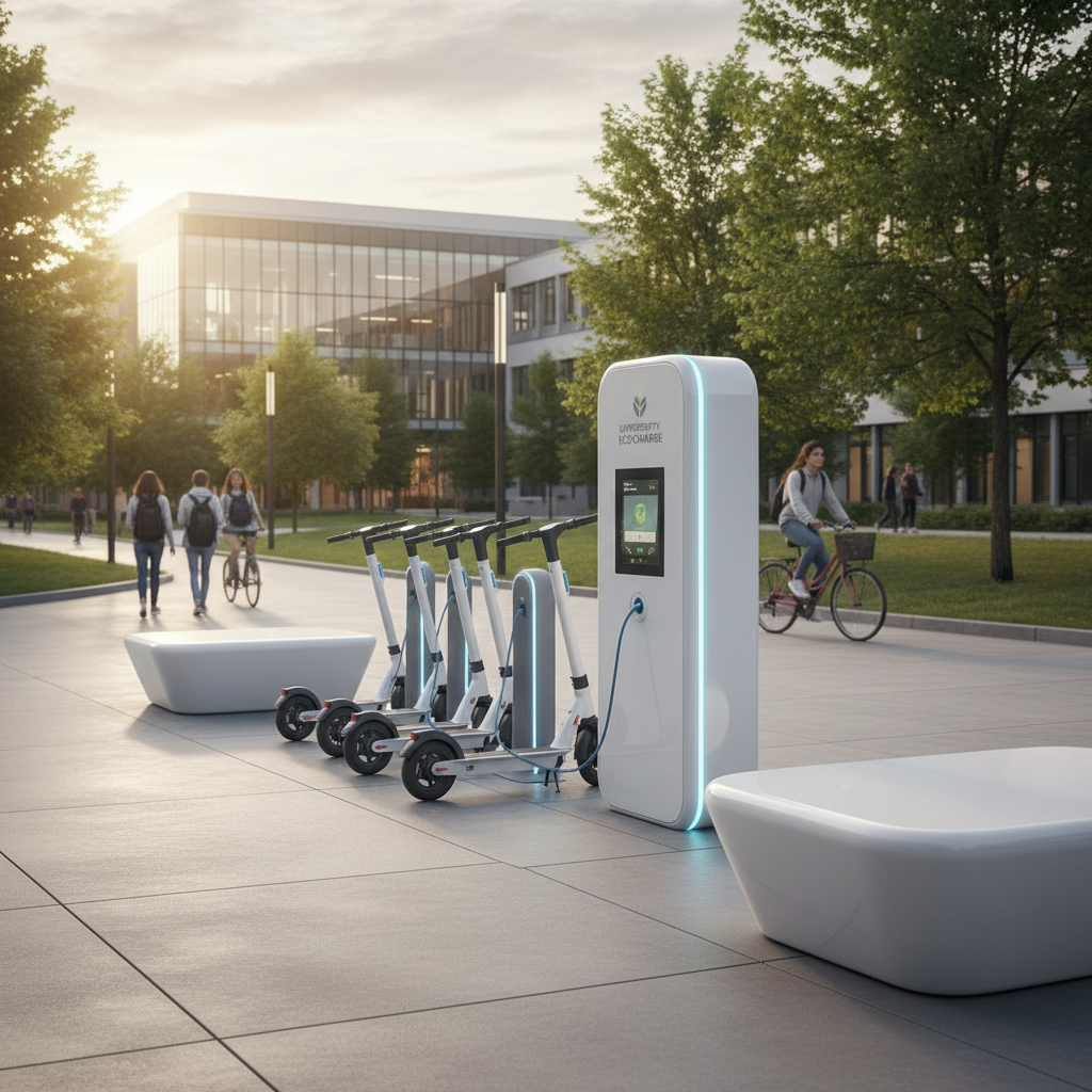 Electric scooter charging station design, modern white minimalist, outdoor university setting