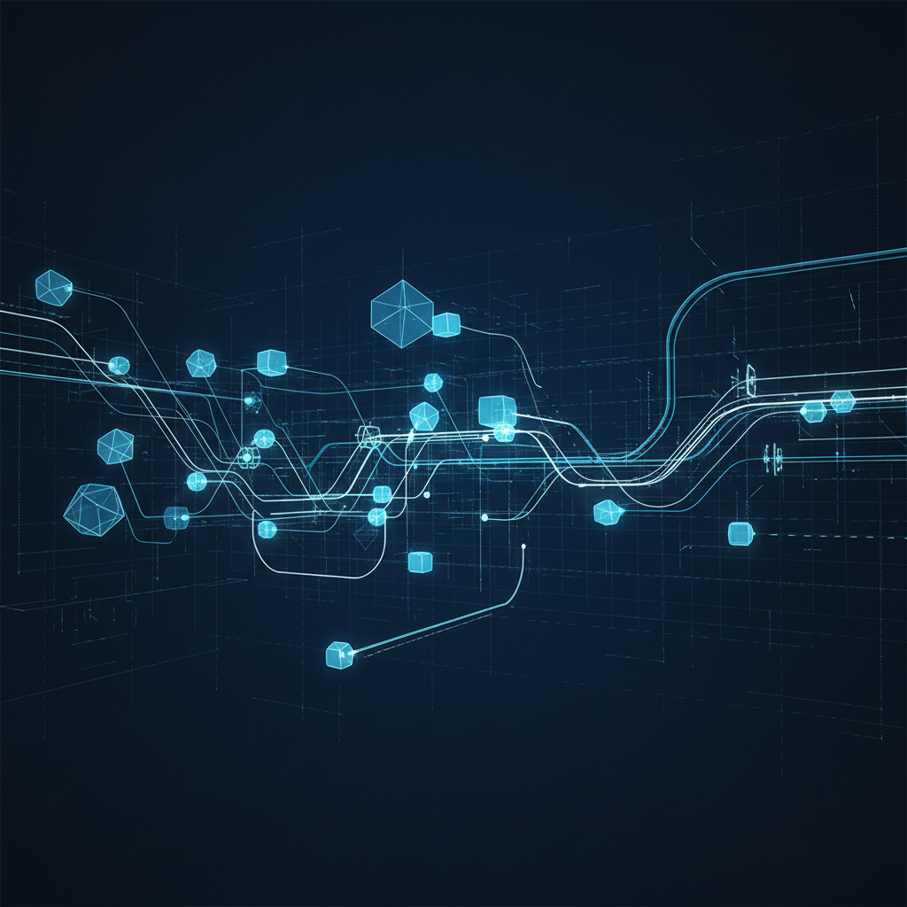 Abstract representation of modular node-based programming structure, clean lines, connecting nodes, tech blueprint style, dark blue background