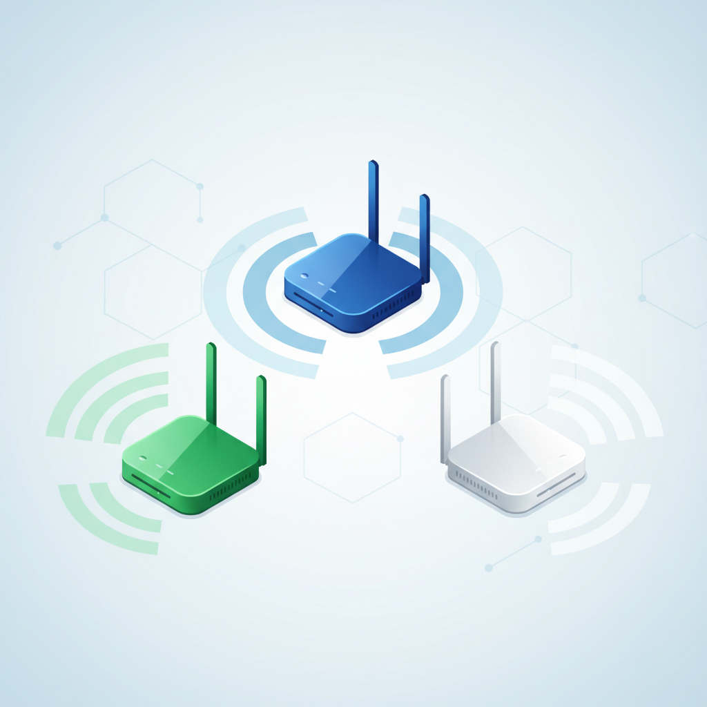 Isometric illustration of three wireless routers emitting signal waves that do not overlap, creating a clean coverage pattern without interference, clean vector style