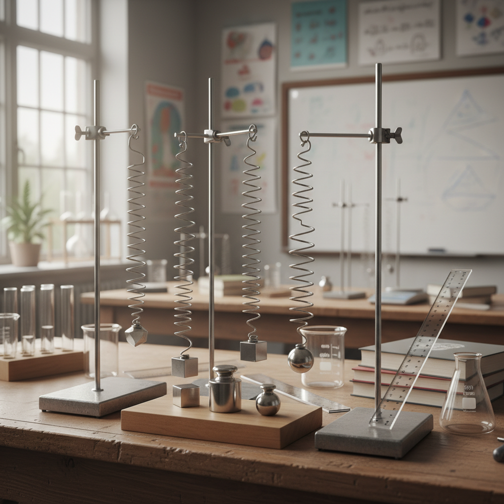physics laboratory equipment on a table, helical springs, metal geometric weights, lab stands, rulers, educational setting, photorealistic