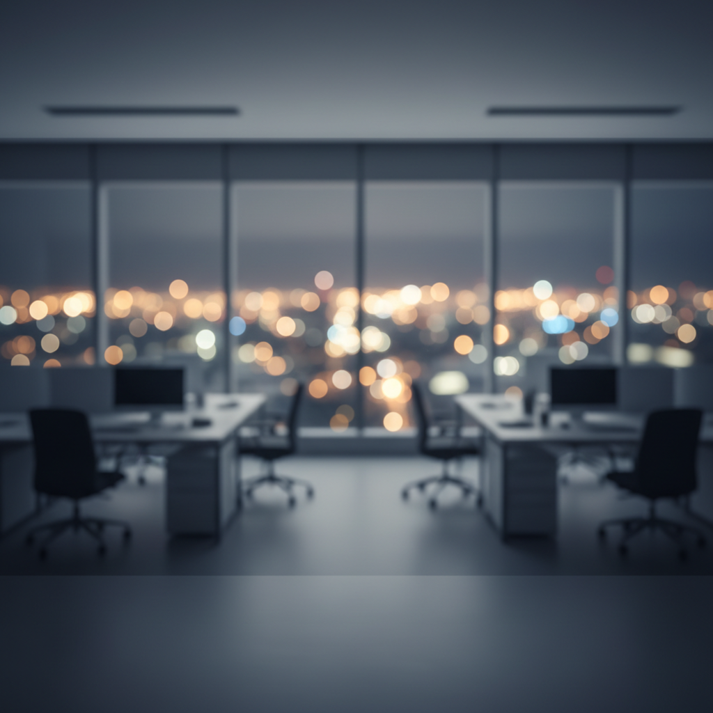 Blurred office background, bokeh city lights through window, cinematic aesthetic.