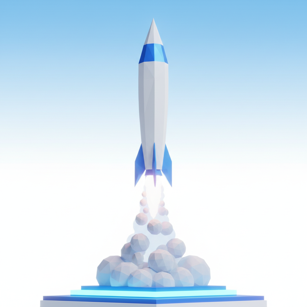 Minimalist futuristic rocket taking off, low poly style, clean background, blue and white smoke, concept of startup launch