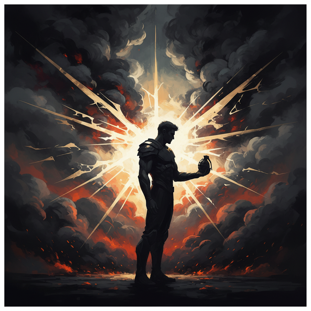 Artistic rendering of a heroic silhouette holding a grenade against a smoky background, rays of light symbolizing sacrifice, dramatic and respectful