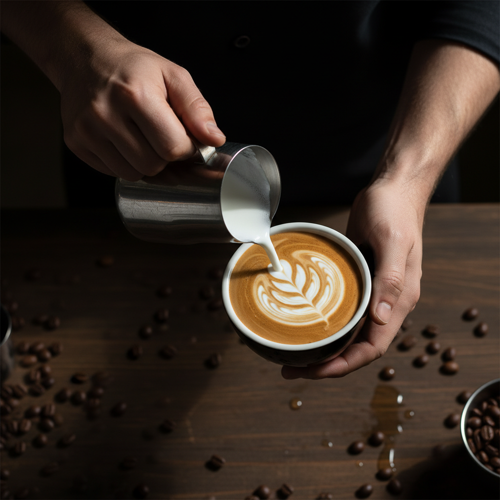 Barista hands carefully pouring milk to create latte art on a coffee cup, top down view, high contrast