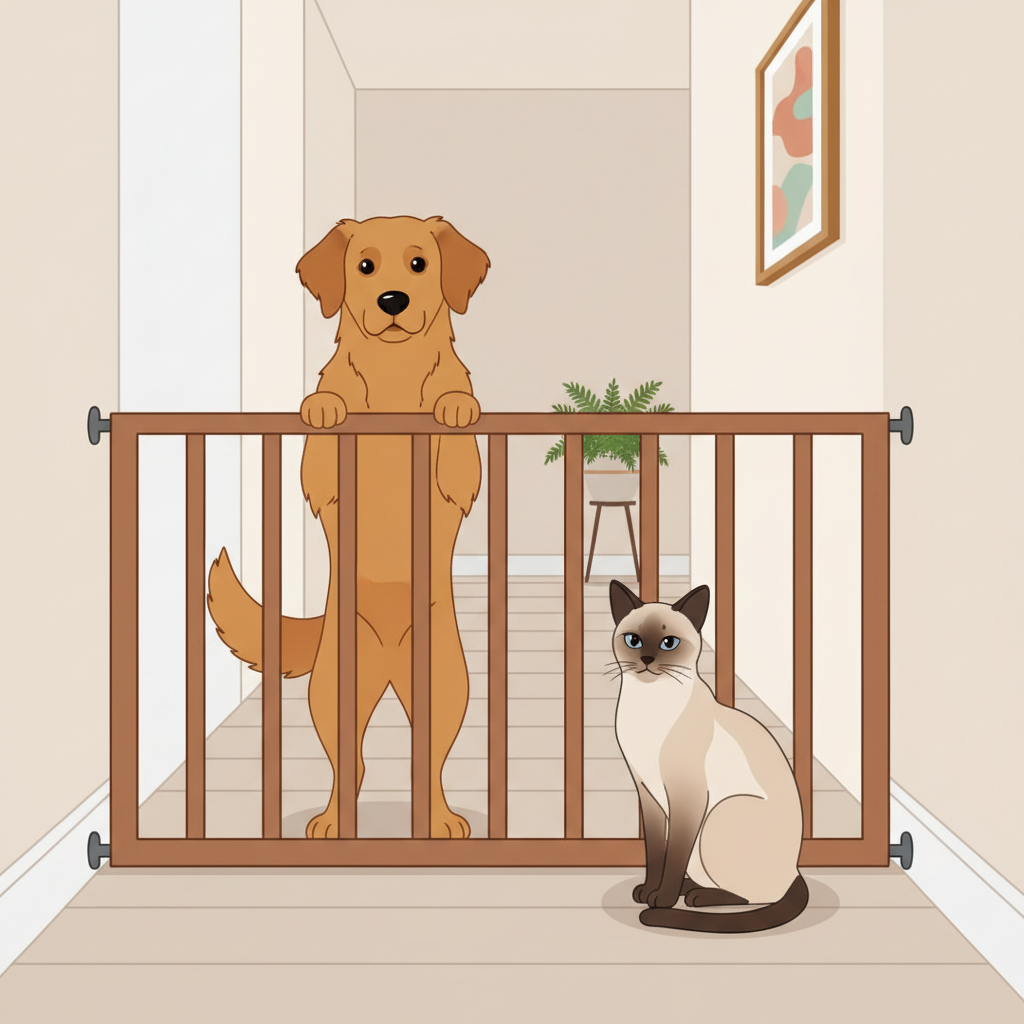 Illustration of a baby gate separating a curious dog and a calm cat in a hallway, clean vector style