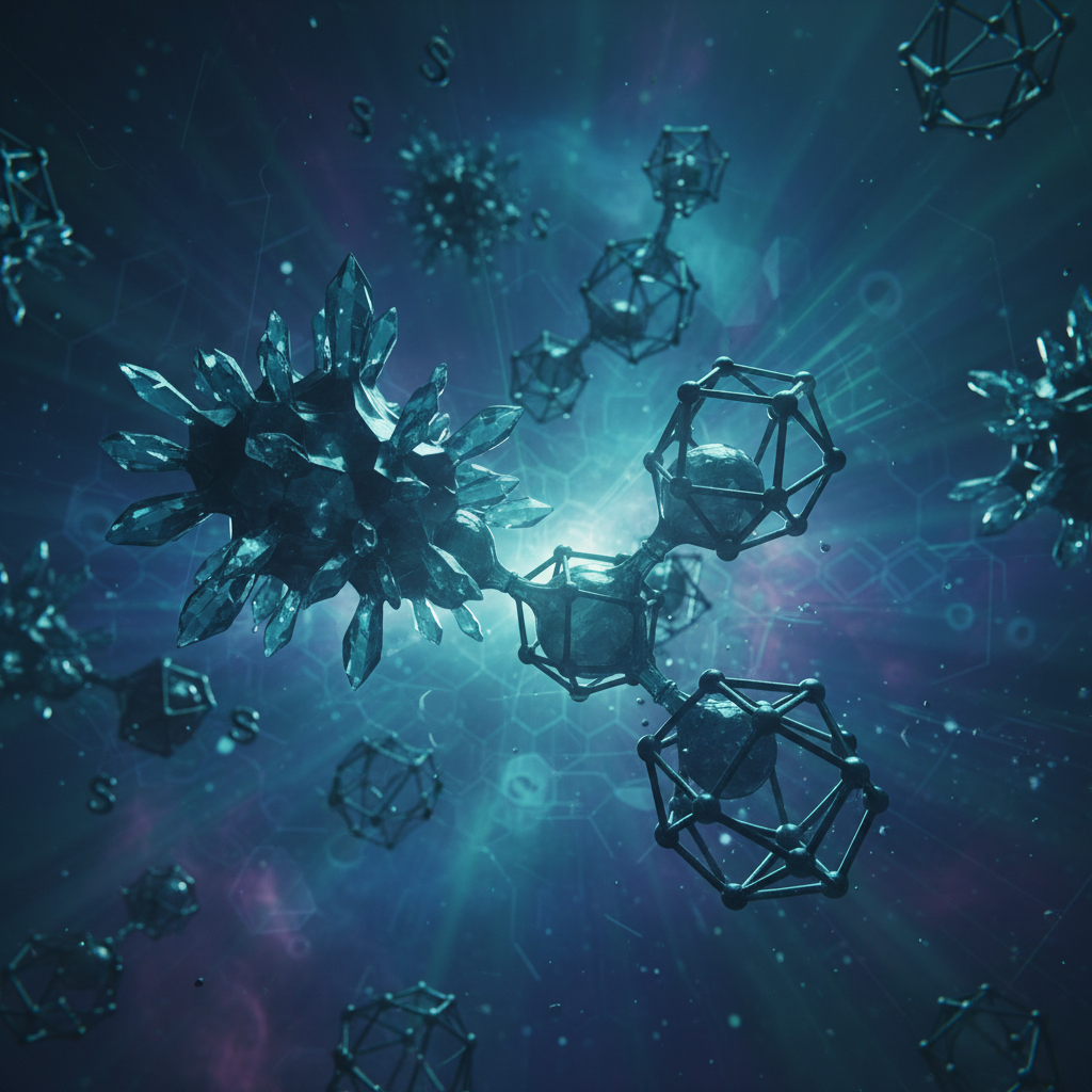 abstract chemistry background with molecular structures of non-metals like sulfur crystals or carbon structures, cinematic lighting, teal and dark blue color palette, high detail, photorealistic, 8k