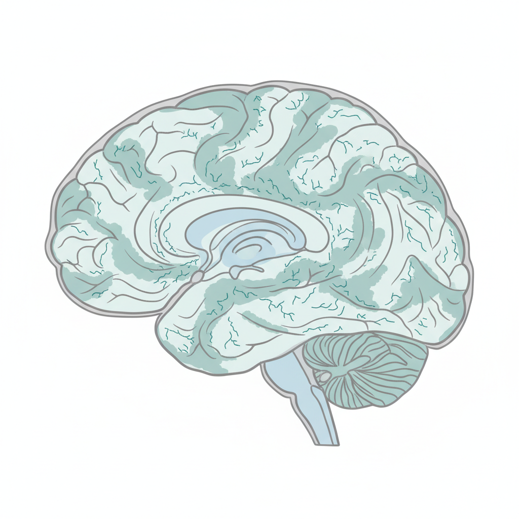 Schematic illustration of a preterm infant brain showing diffuse white matter injury, medical illustration style, soft teal and grey colors