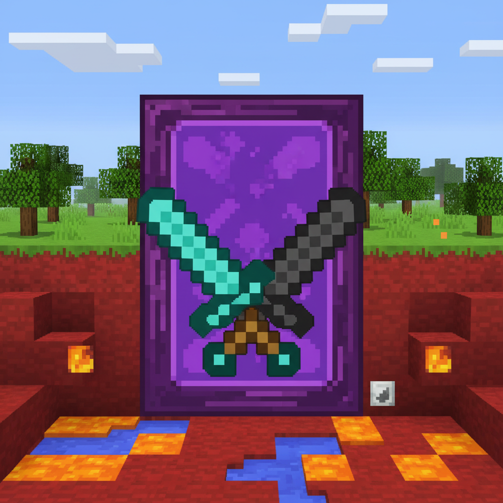 Two pixelated sword icons (one diamond, one netherite) crossed in front of a glowing purple Nether portal frame. The background is a mix of the Overworld and the Nether.