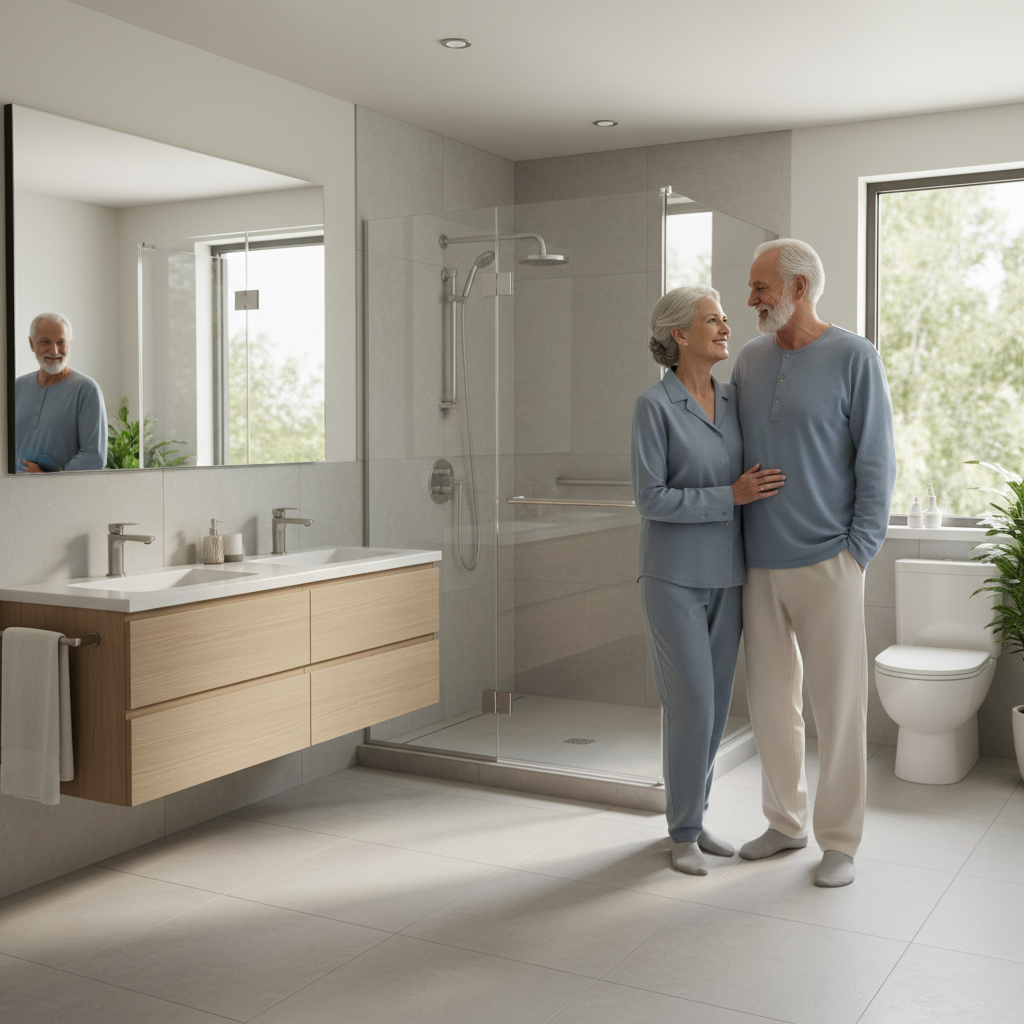 An elegant elderly couple smiling in a bright, modern bathroom with subtle safety features, high quality lifestyle photography