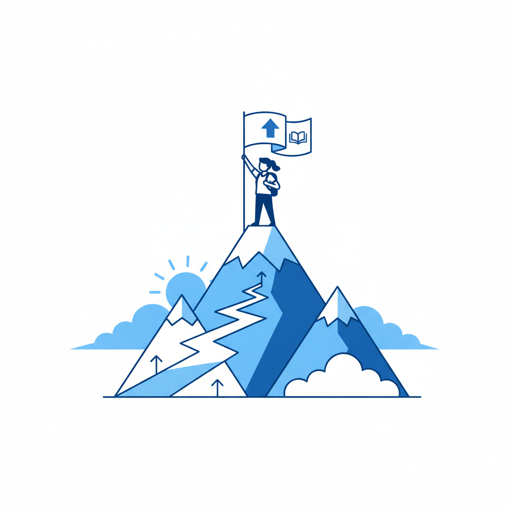 Illustration of a student standing on top of a mountain raising a flag, metaphorical, vector art style, clean lines, blue and white colors