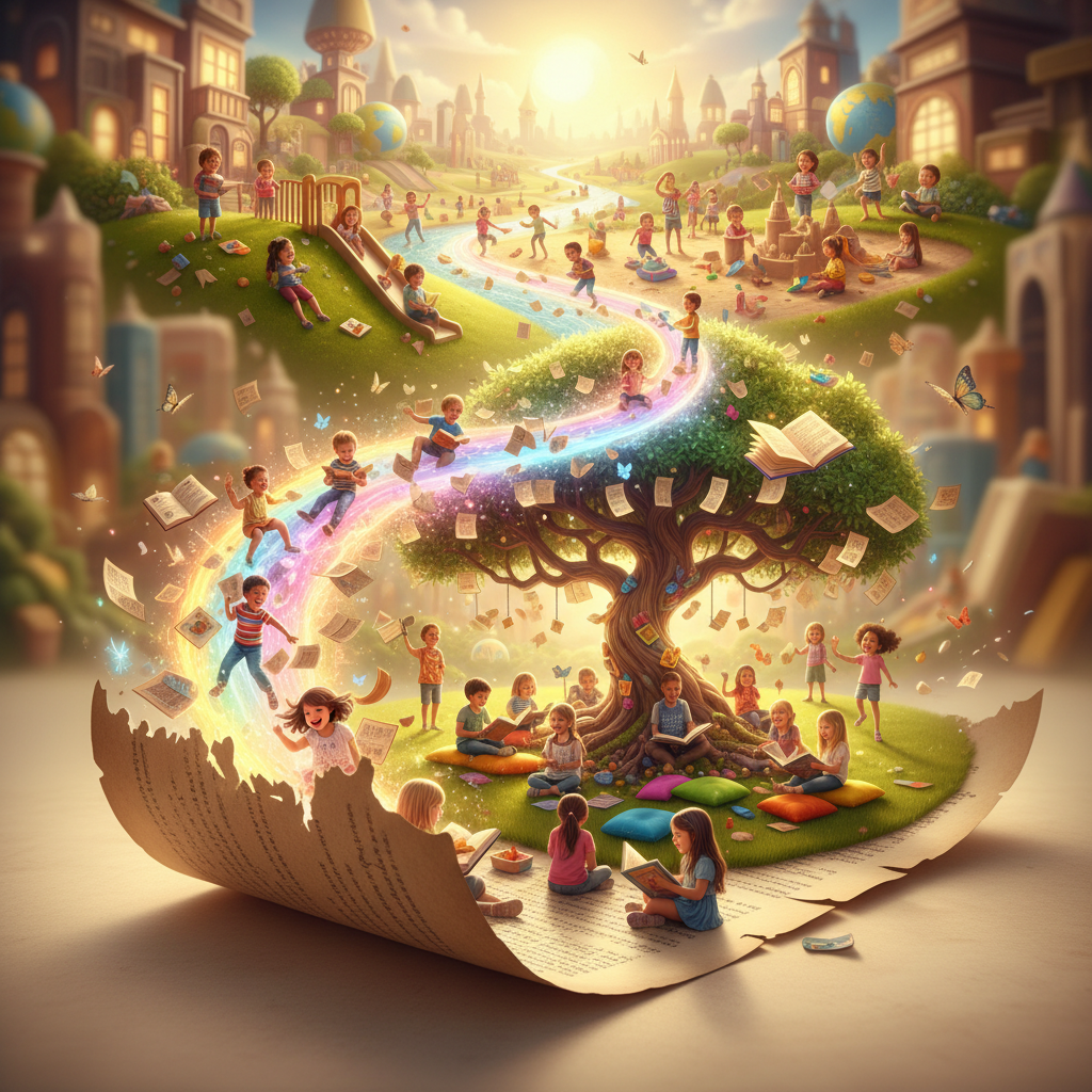 Conceptual image showing a paper document transforming into a real-world vibrant scene of children learning and playing, magical realism style