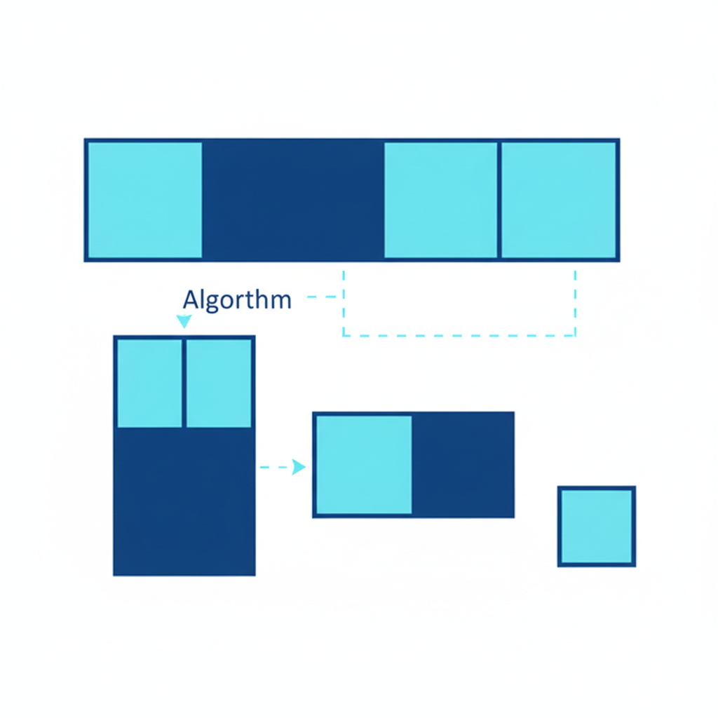 Diagram illustrating the Euclidean algorithm with geometric rectangles being subdivided, educational vector art style, blue and cyan tones