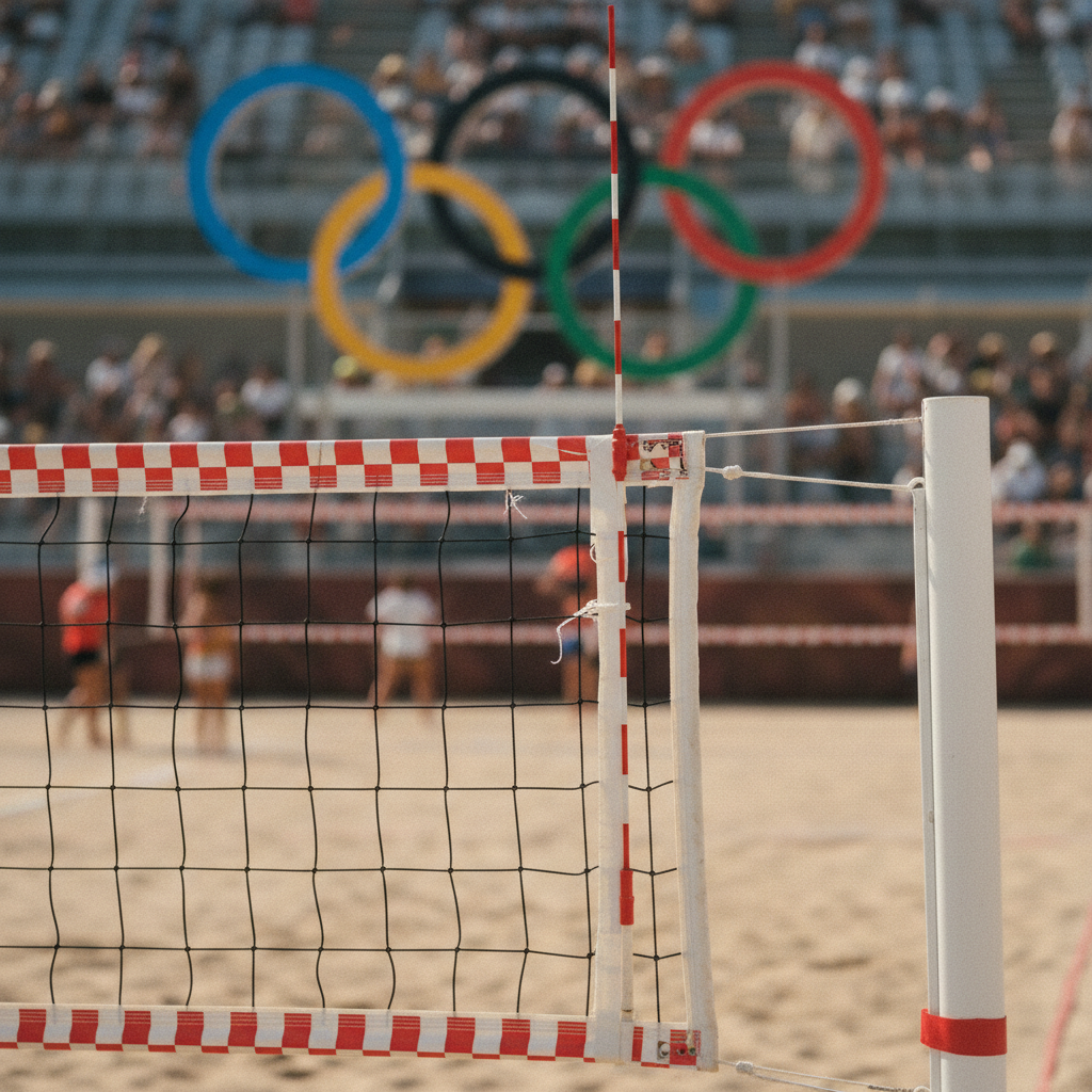 realistic photo close up of volleyball net with antenna, olympic rings in blurred background, 1970s aesthetic style, film grain