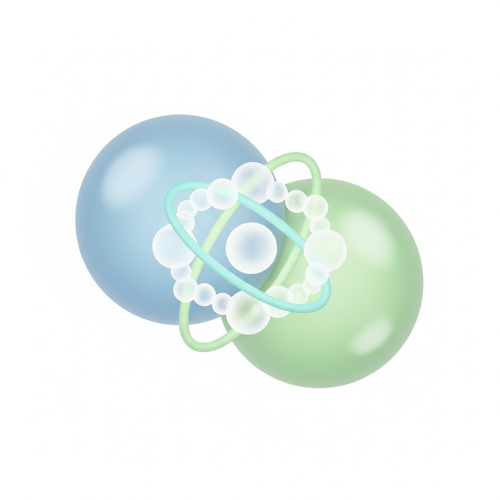 Icon representing shared electrons between two atoms, simple 3d, white background
