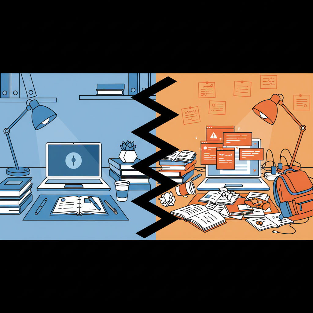 Split screen illustration, minimalist style. Left side: calm organized student desk with blue tone. Right side: messy stressed student desk with orange tone. High contrast, vector art style.