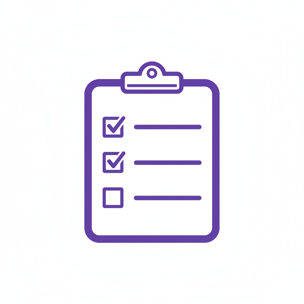 Icon representing a survey or checklist, purple outline style, white background