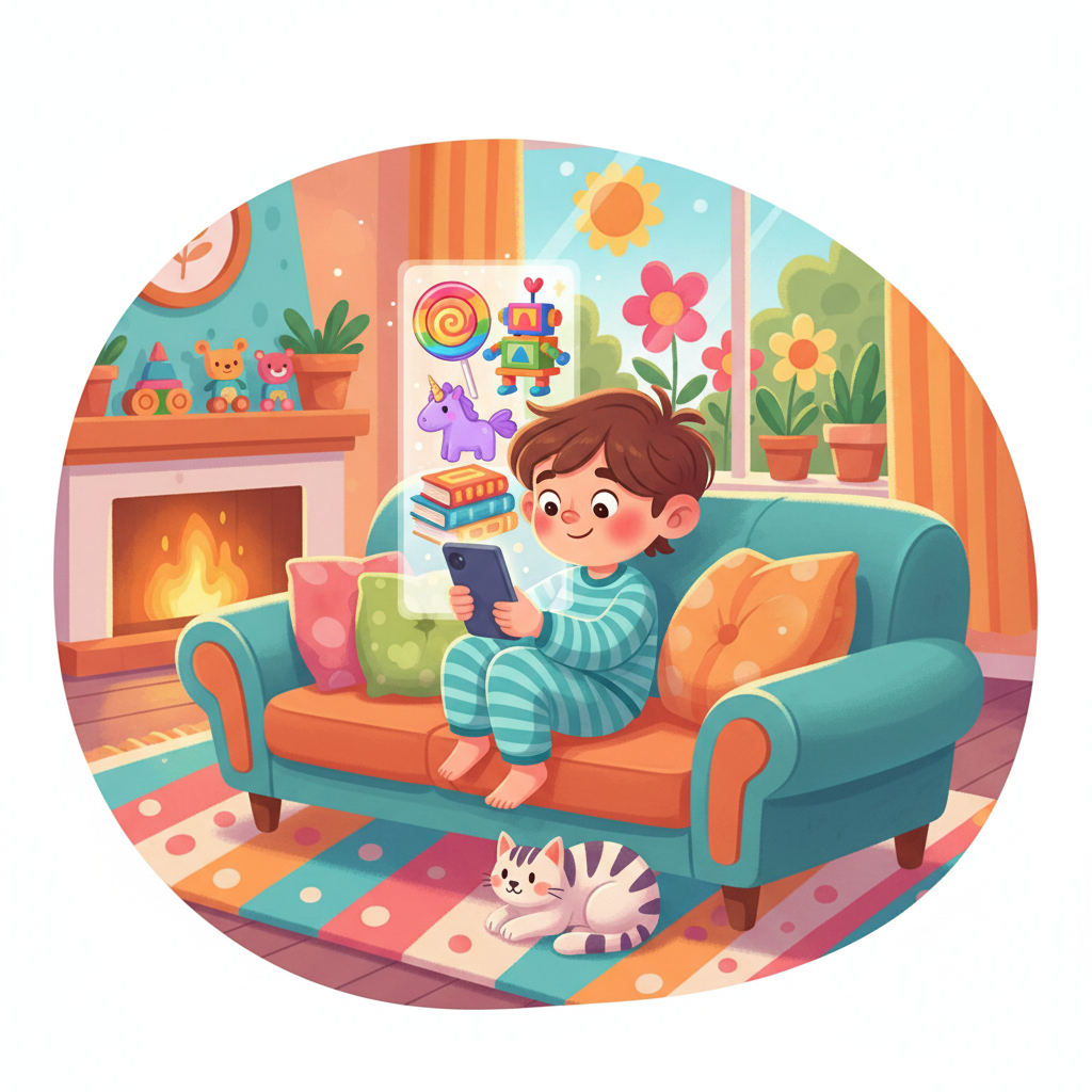A cute cartoon illustration of a cozy living room, a child sitting on a sofa using a smartphone to look at colorful products on a screen, bright colors, friendly atmosphere