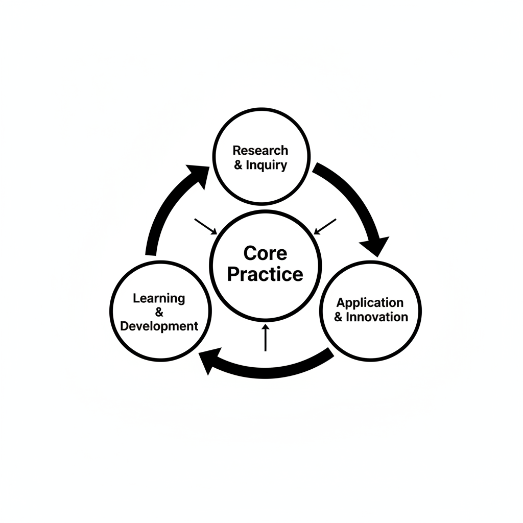 Circular cycle diagram with arrows connecting 3 main points. Center is 'Core Practice'. Arrows flow clockwise. Minimalist academic style.