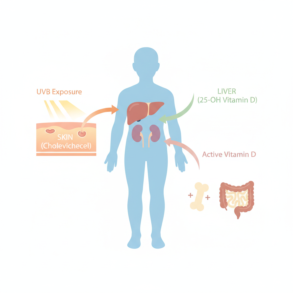 Simple infographic diagram of a human silhouette showing the path of vitamin D from skin to liver to kidneys, medical flat vector style, pastel colors