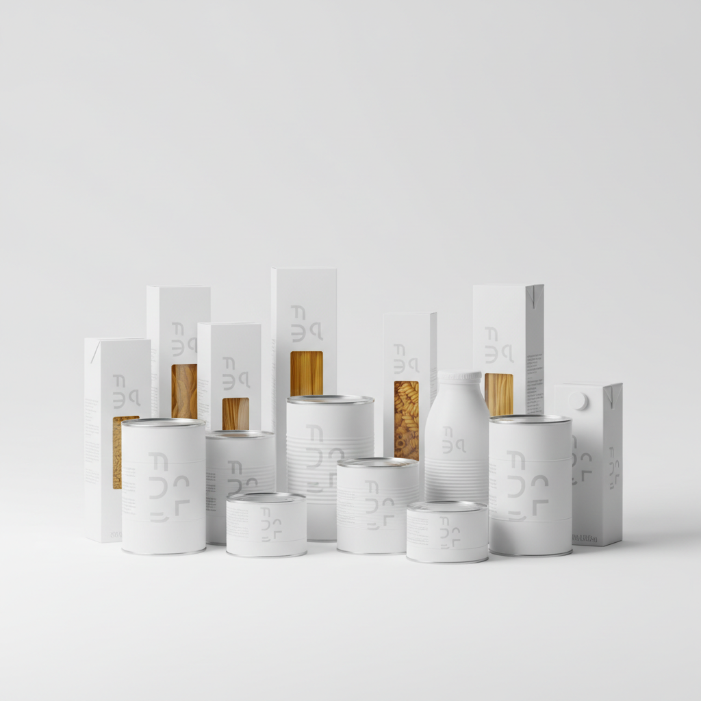 Clean minimalist food packaging design, white labels with simple typography, variety of grocery items like pasta, cans, and dairy, studio lighting