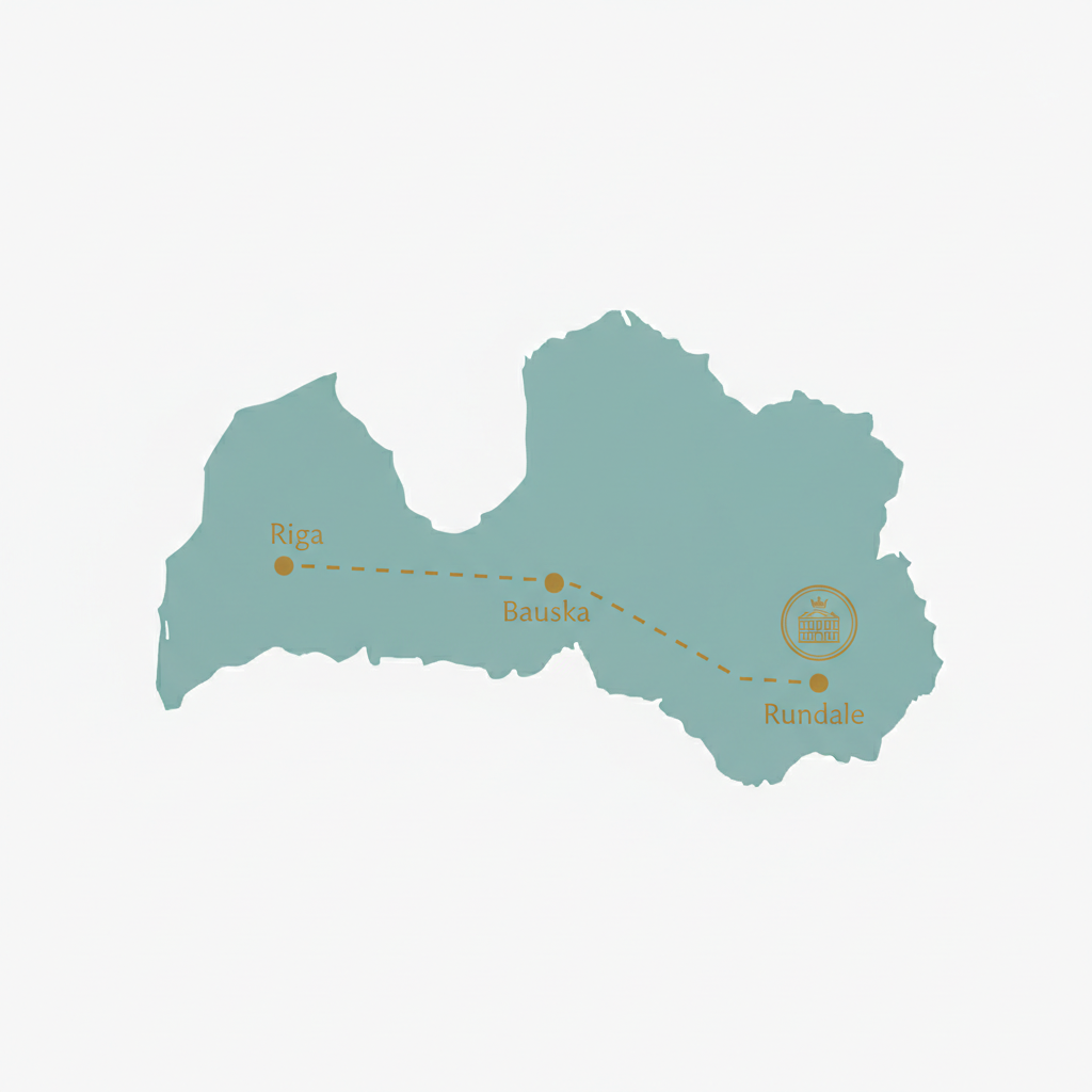 Minimalist map illustration of Latvia highlighting the route between start Riga, Bauska, and Rundale