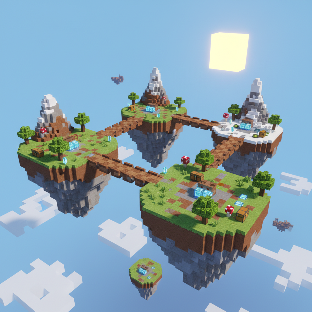 Floating islands in the sky connected by bridges, typical of a SkyWars map. Chests and diamond ore are visible on the islands. Bright blue sky. Voxel art.