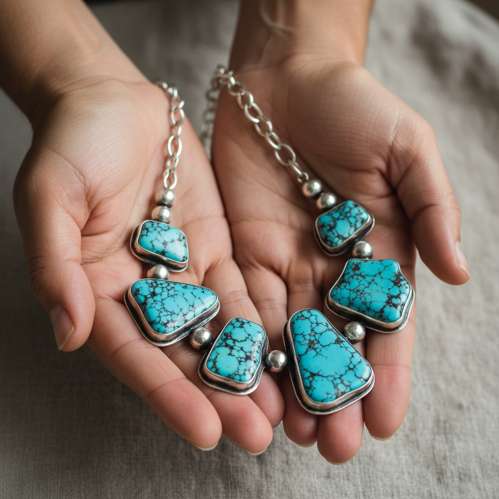 Close up photo of hands holding a unique, handcrafted turquoise and silver necklace, soft natural lighting, showcasing texture and detail