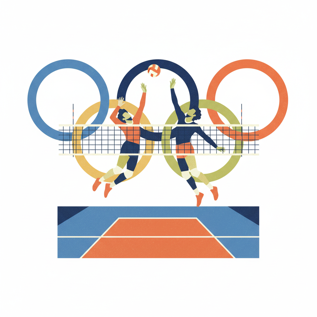 Retro style graphic illustration of volleyball players jumping at the net, minimal colors, Olympic rings subtle background
