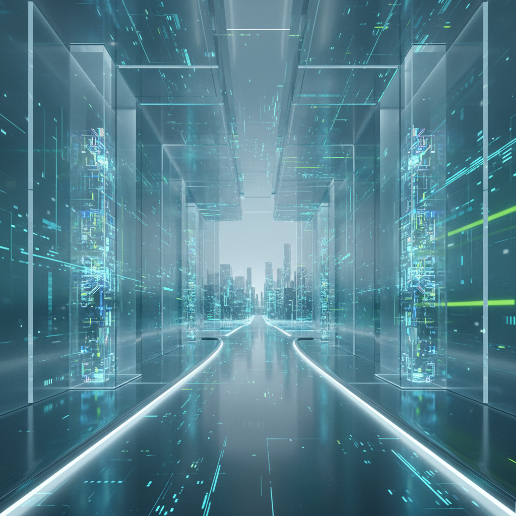 Modern 3D illustration of a futuristic cyber service center entrance, glassmorphism style, soft blue and green lighting, trustworthy digital government service theme, ultra-realistic