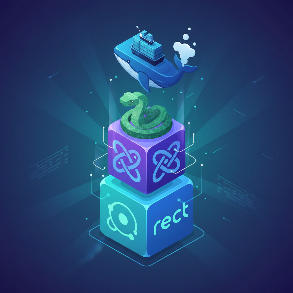 Isometric illustration of modern tech stack cubes stacking together: React logo style, Node JS, Python snake, Docker whale, glowing energetic composition.