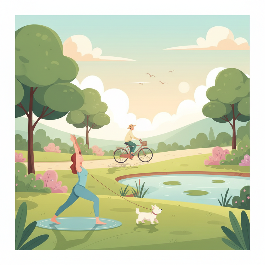 Illustration of people doing gentle activities: yoga, walking a dog, cycling, in a park setting, peaceful colors