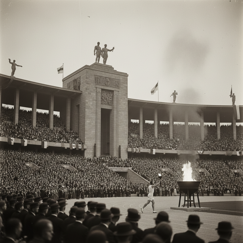 1936 Berlin Olympic stadium olympic fire cauldron lighting ceremony, huge crowd, nazi architecture background, black and white vintage photo