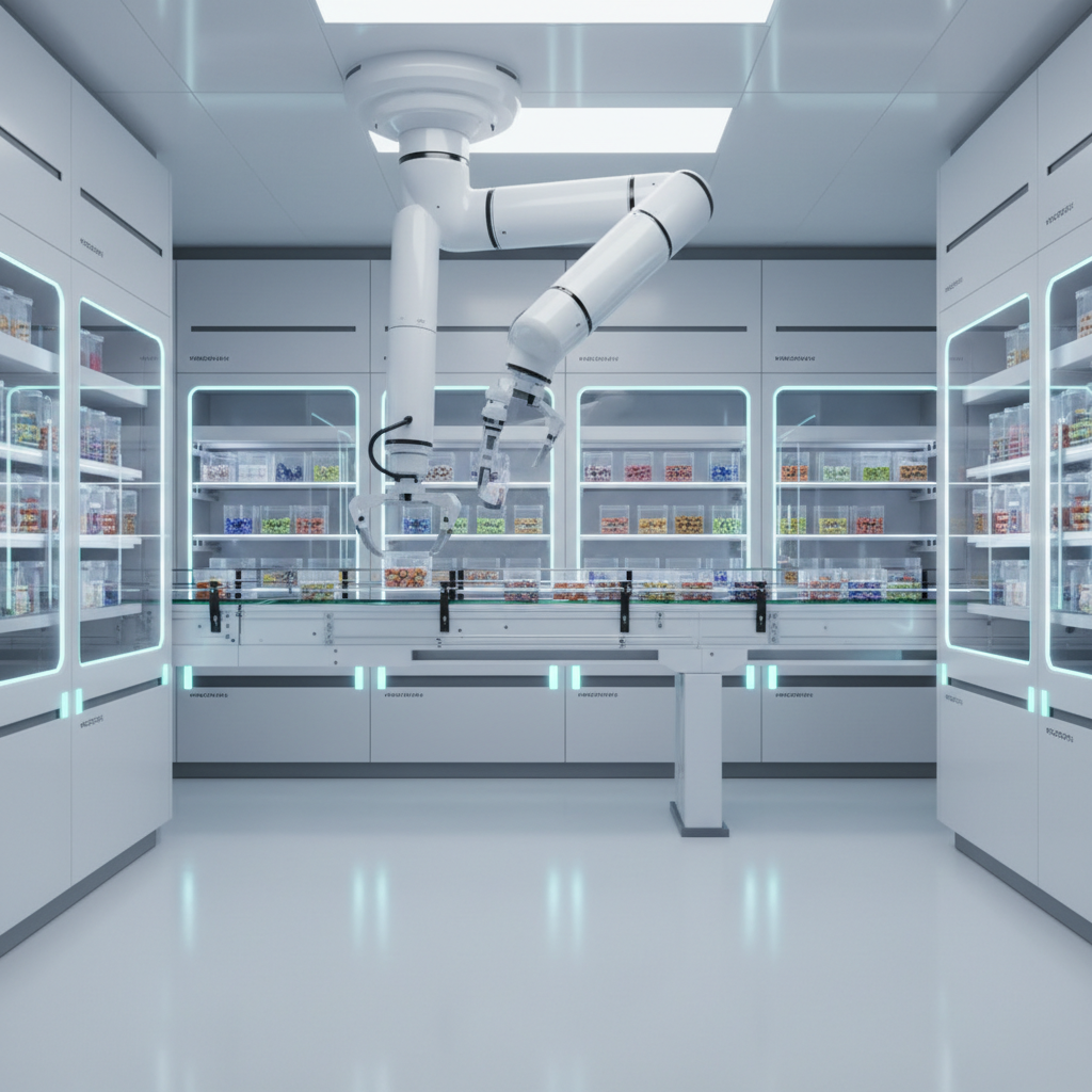 futuristic sterile pharmacy automation robot arm sorting medication containers in a clean white hospital environment, cinematic lighting, 8k, highly detailed