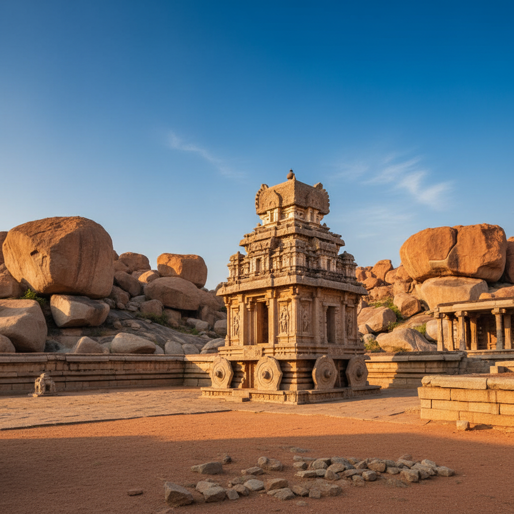 Ancient stone chariot temple at Hampi Karnataka, surrounded by large boulders and rocks, warm sunlight, blue sky, architectural photography.