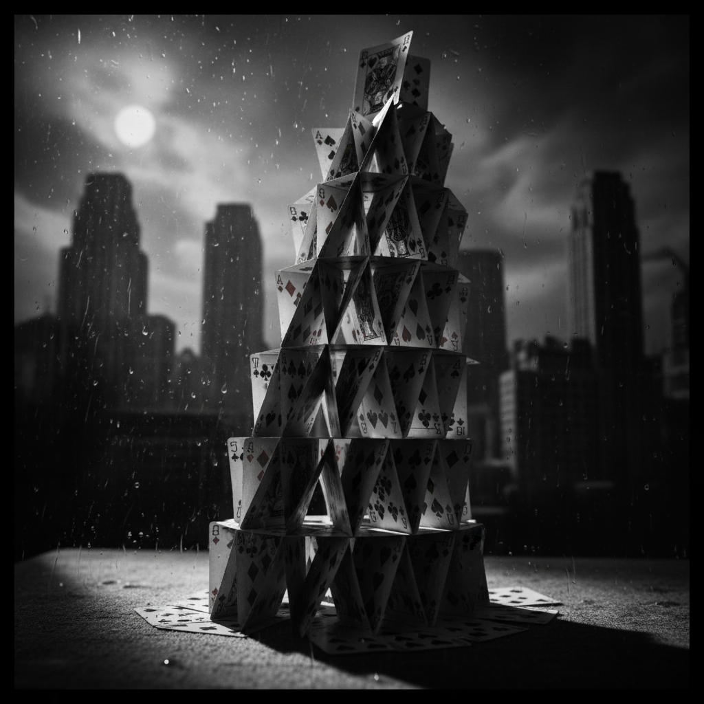 black and white artistic architectural photography of playing cards built into a tower structure, dramatic shadows, noir style