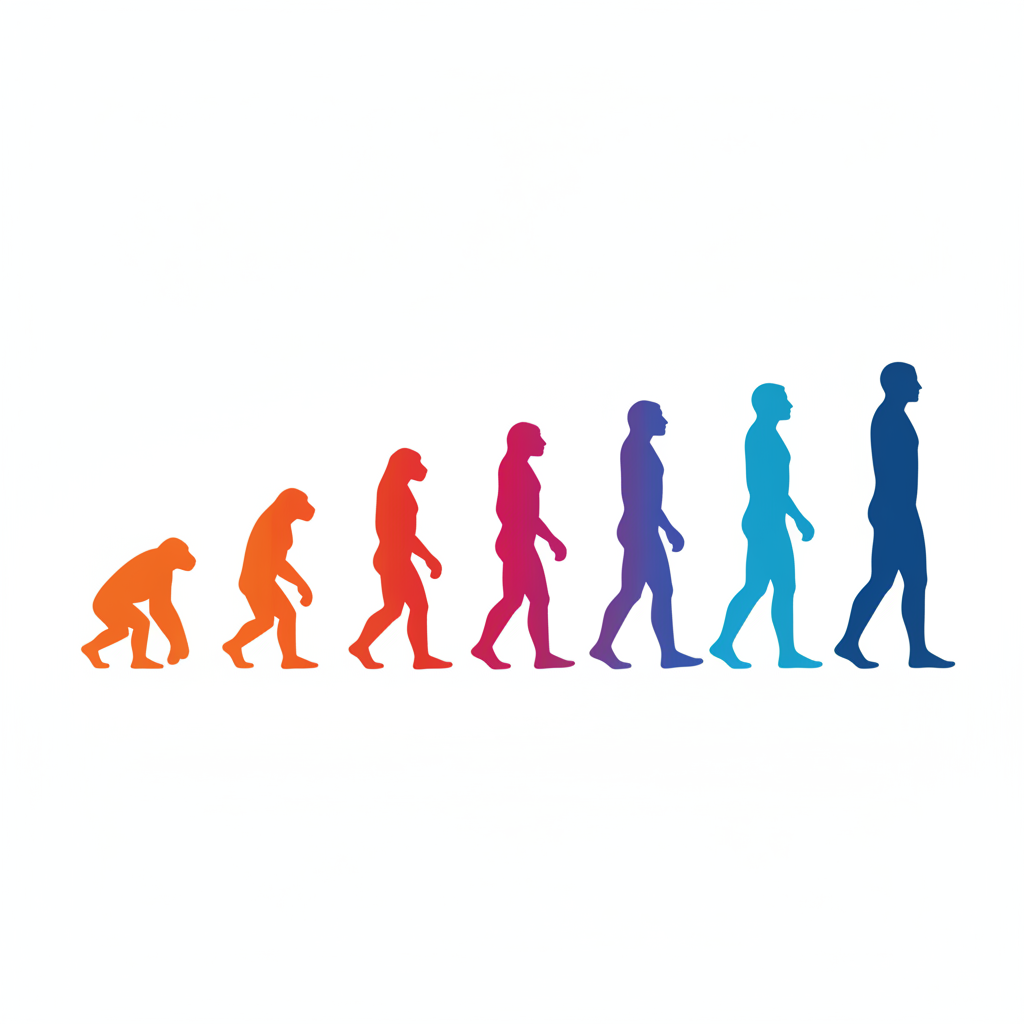Minimalist graphic evolution of man silhouette, walking from left to right, changing colors from orange to blue, white background