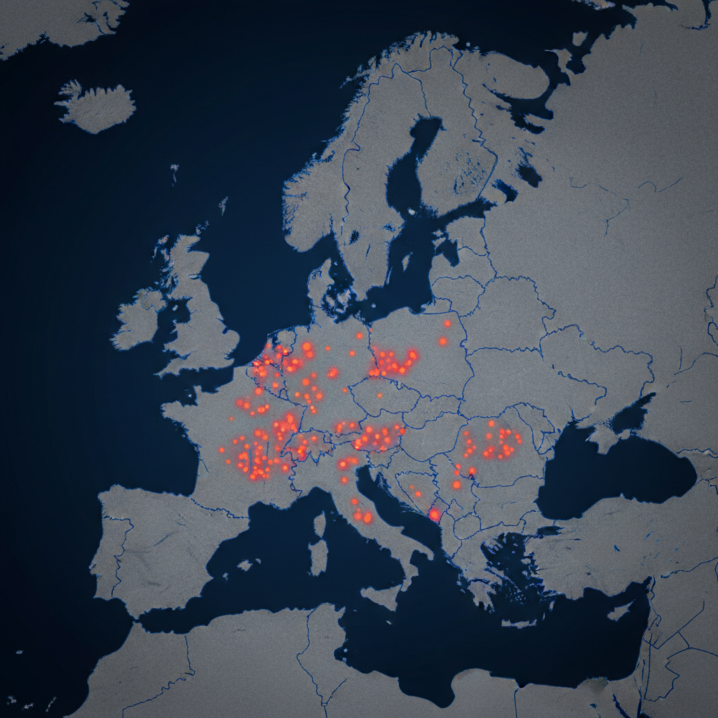 Map of Europe highlighting locations of major concentration camps, educational style, contrasting dots on dark background