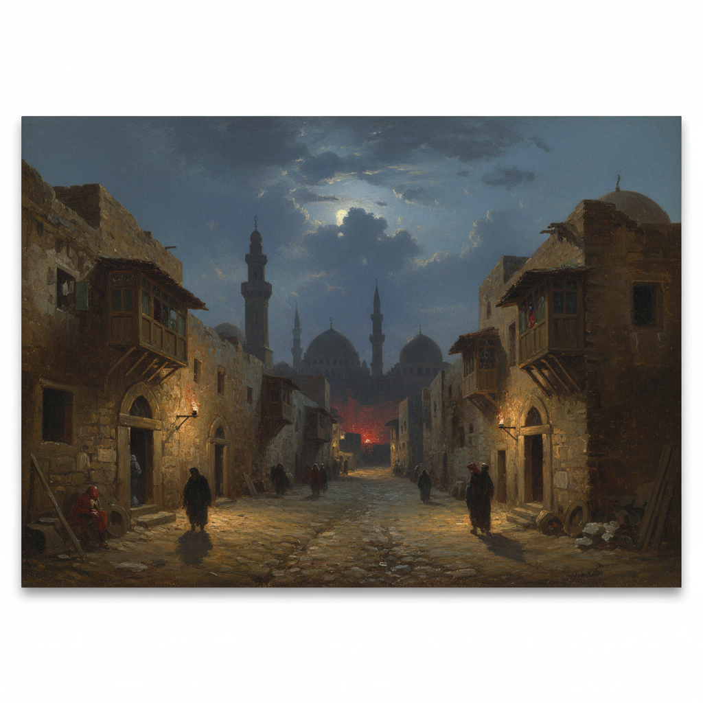 Old city of Damascus 19th century art, dramatic lighting, dark atmosphere, painting style