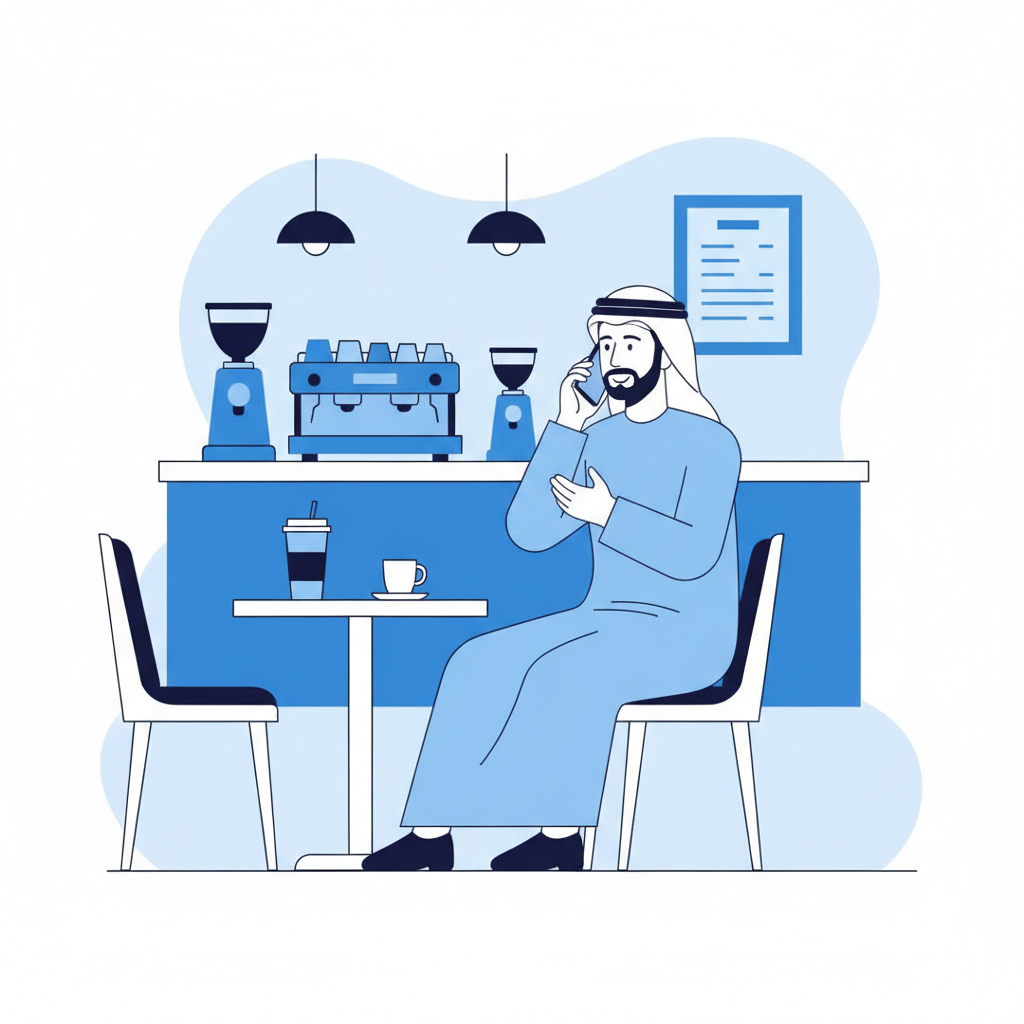 A modern Emirati man talking on a mobile phone in a coffee shop, vector illustration, flat style, blue and white tones